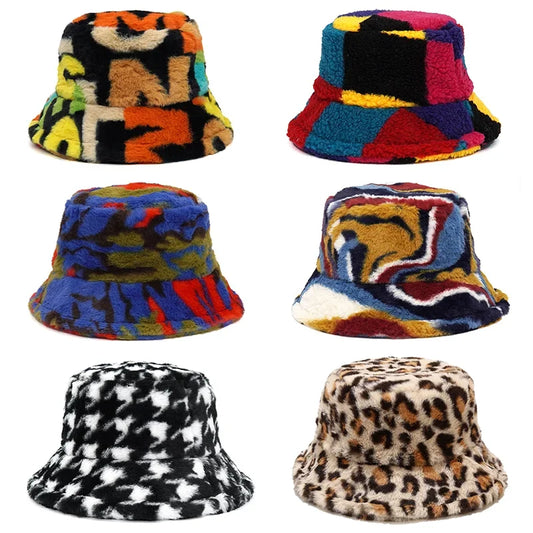 2024 New Winter Bucket-Hats Fluffy Fur Men Women Panama Hat