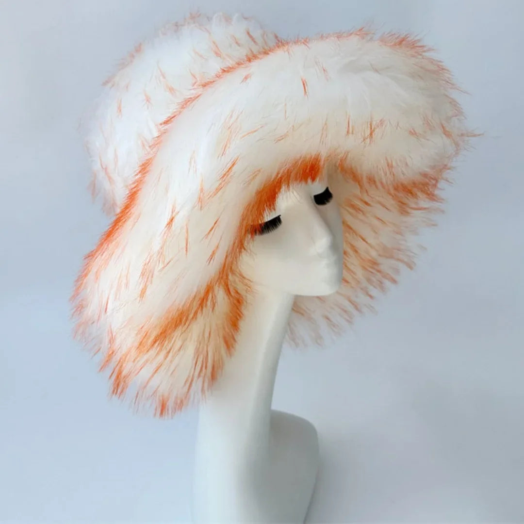 Luxury Fluffy Women Faux Fur Bucket Hats Oversized 17cm Wide Brim