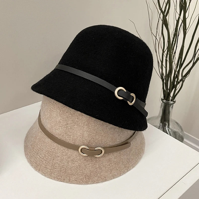 New Fashion Unisex Solid Color Wool Winter Hat With Belt Autumn Bucket Wool