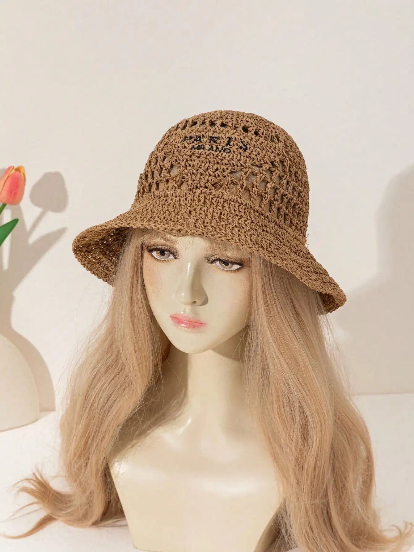 Inverted Triangle Letter Embroidery Handmade Crocheted Straw Hat