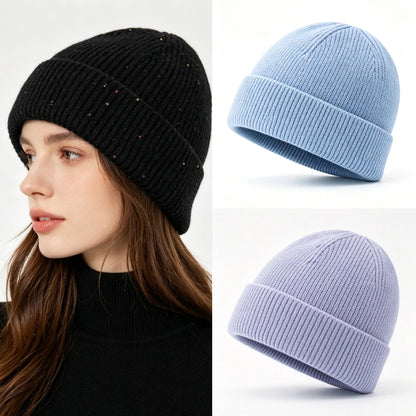 Women’s Cuffed Ribbed Knit Beanie Hat, Speckled Glitter Decorative Winter Hat