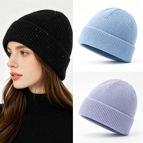 Women’s Cuffed Ribbed Knit Beanie Hat, Speckled Glitter Decorative Winter Hat