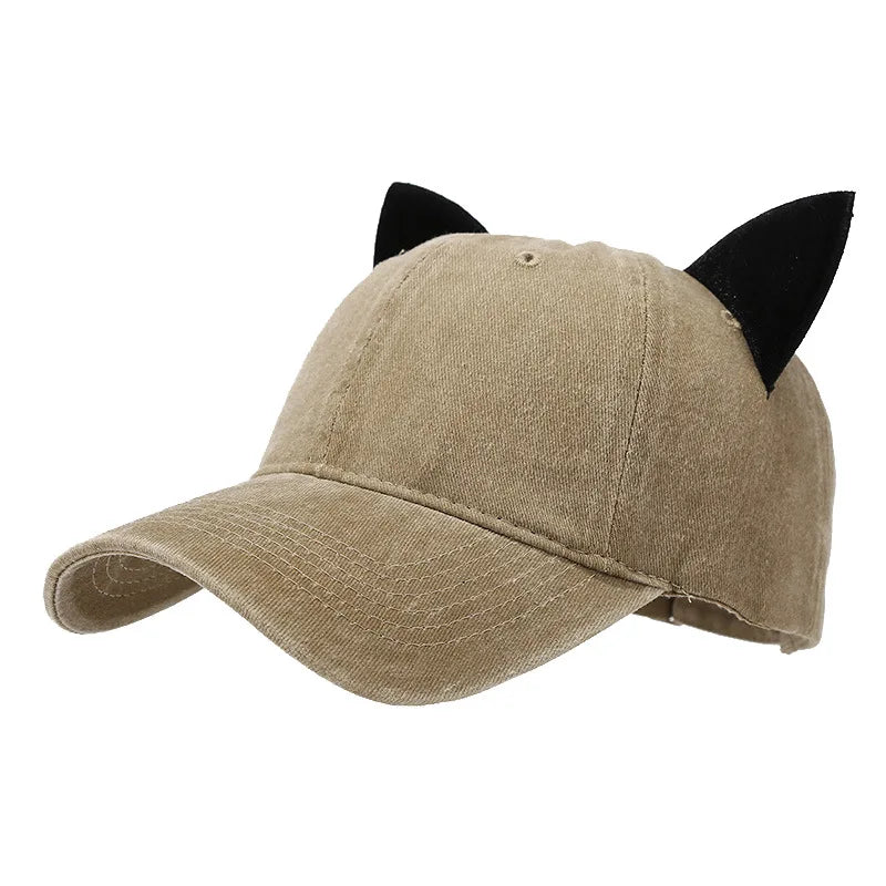 Washed Retro Cat Ear Baseball Cap Women