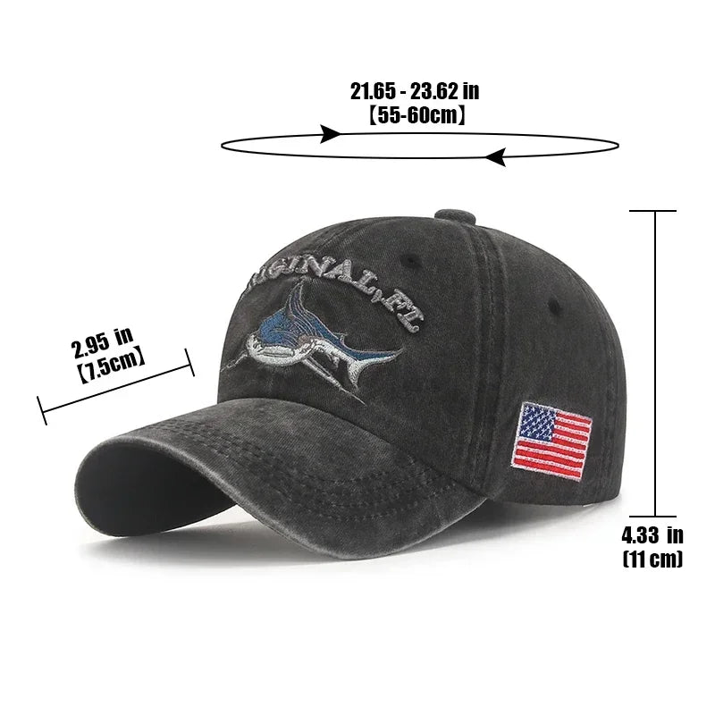 Shark Graphic And American Flag Embroidery Men Women Adjustable Soft Top Baseball Cap