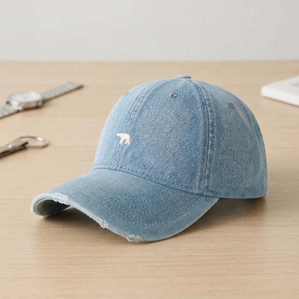 Polar Bear Embroidered Baseball Cap for Men Women Large Head Size Wide Brim  Washed Denim Trucker Hat Adjustable Casual Duckbill Cap