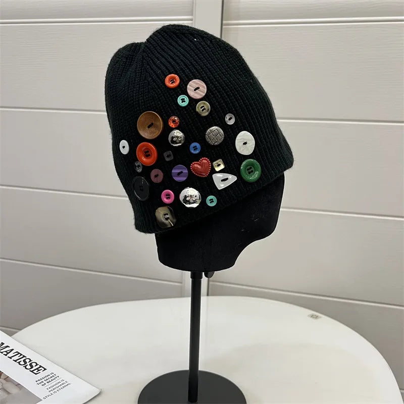 Korean Designer Colorful Button Beanies Wool Hat
