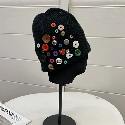 Korean Designer Colorful Button Beanies Wool Hat