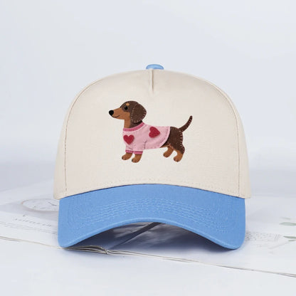Cute Dachshund Heart-Print Color-Block Baseball Cap