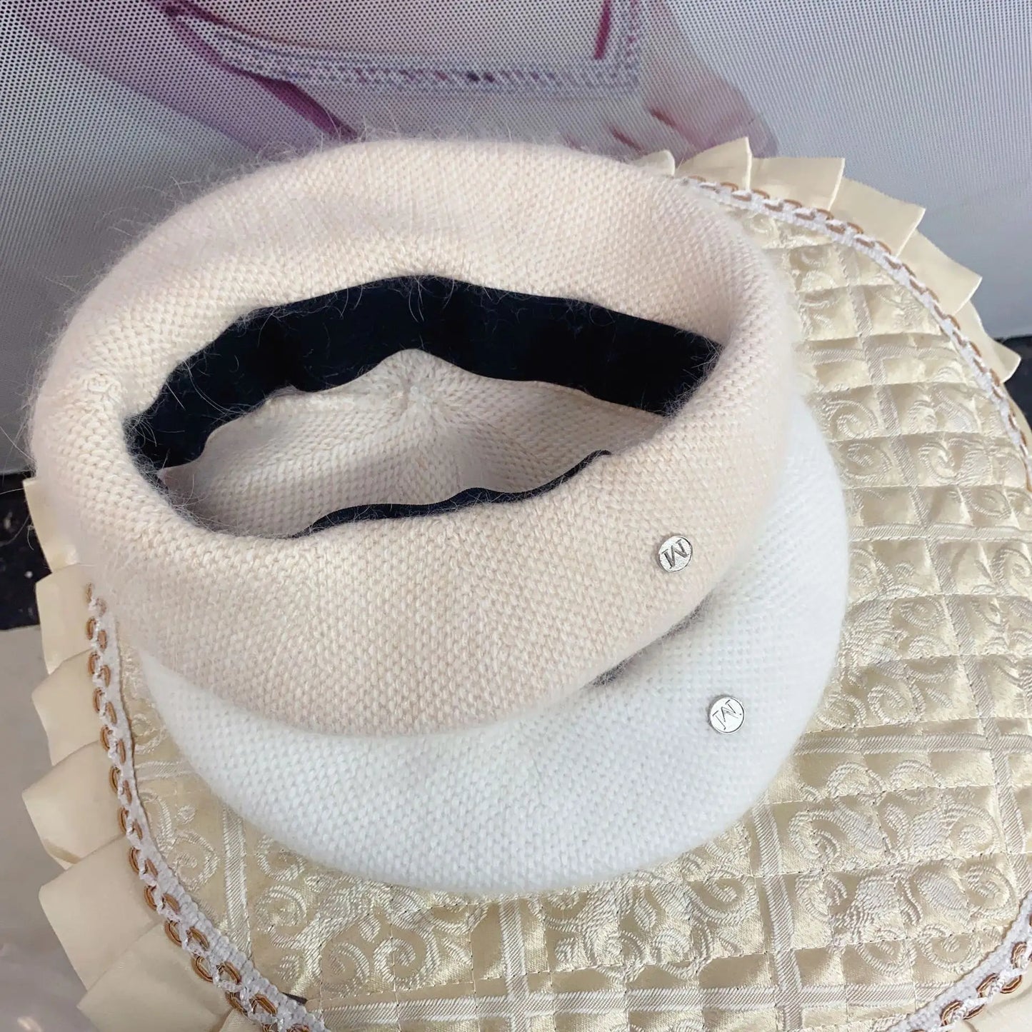 Angora Rabbit Fur Winter Women Knitted Beret Fashion Letter M