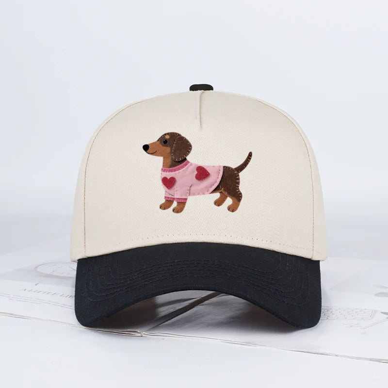 Cute Dachshund Heart-Print Color-Block Baseball Cap