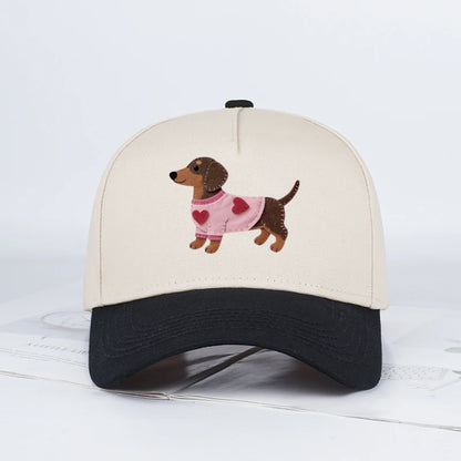 Cute Dachshund Heart-Print Color-Block Baseball Cap