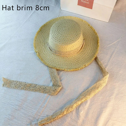 Summer Raffia Women Long Ribbon Wide Brim Beach Hat