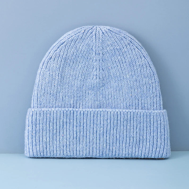 Women’s Cuffed Ribbed Knit Beanie Hat, Speckled Glitter Decorative Winter Hat