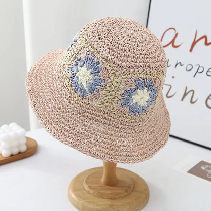 New Foldable Straw Crochet Flower Hat Women's