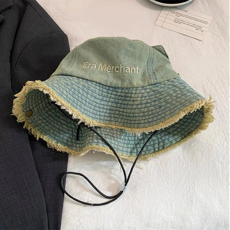 Spring Summer Wide Brimmed Washed Denim Fisherman Hat