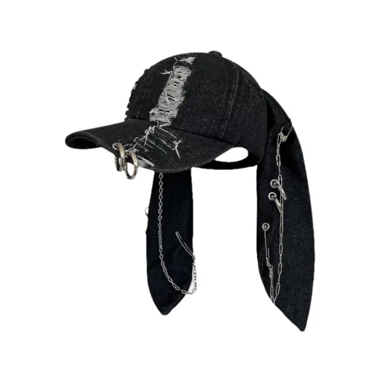 2026 New Y2k Rabbit Ears Denim Ripped Baseball Cap