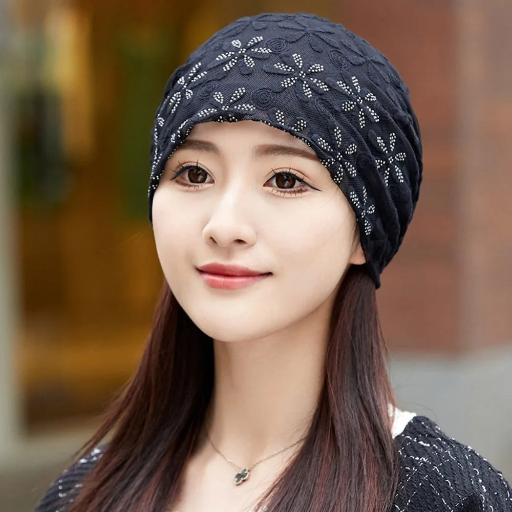 Lace Flower Beanies Cap Hollow Out Elegant Thin Crochet Slouchy Hat