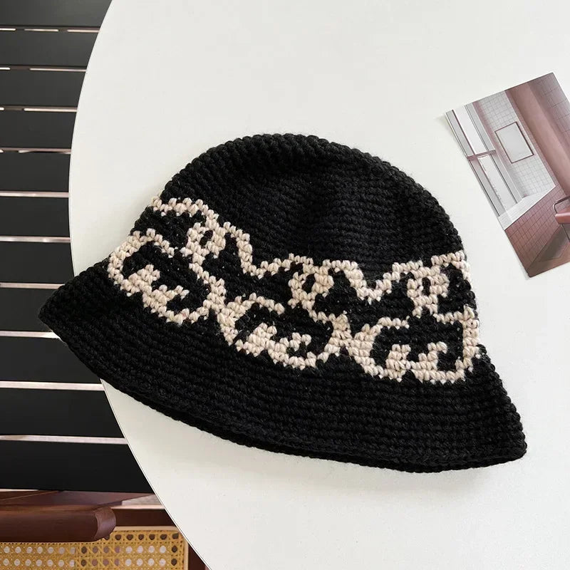 Korean Autumn Winter Retro Crochet Knitted Wool Bucket Hat Women