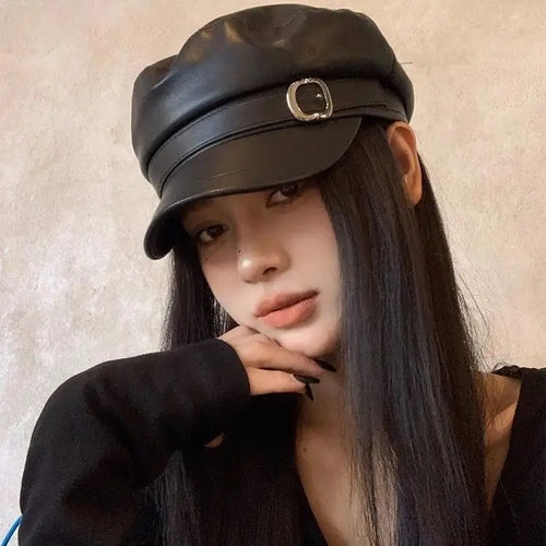 Fashion Women Berets Black Pu Leather Flat Top Newsboy Caps