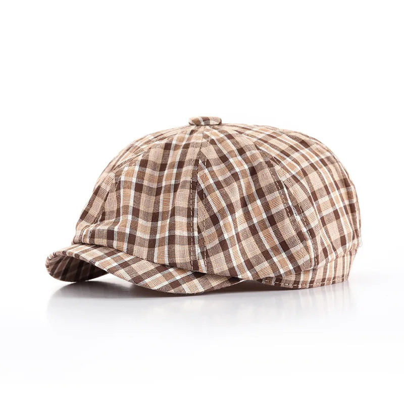 Checked Cloth Octagonal Cap Cotton Blends Plaid Men Casual Newsboy Caps