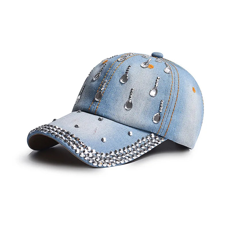 Denim Baseball Cap Women Rhinestone Droplets Cowboy Snapback