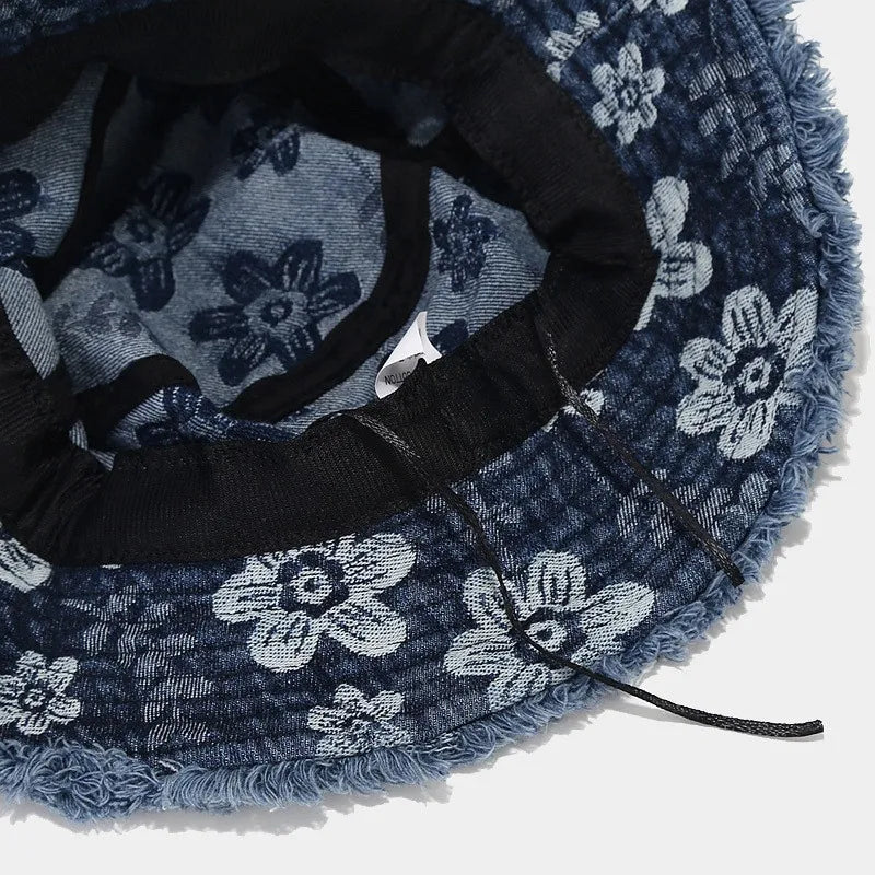 Spring Denim Cartoon Flower Embroidery Bucket Hat