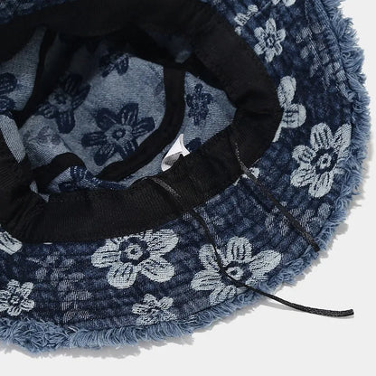 Spring Denim Cartoon Flower Embroidery Bucket Hat