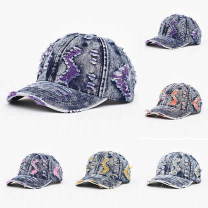 Unisex Retro Frayed Denim Cap Travel UV Protection Adjustable Distressed Colorful Baseball Cap