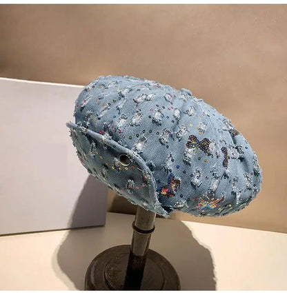 Sequin Bow Denim Octagonal Hat Travel Holiday Beret Hat
