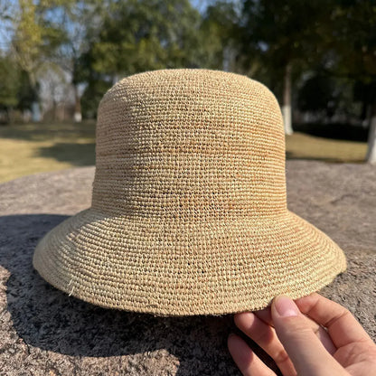Designer Raffia Straw Hat Women Summer Beach Bucket Sun Hats
