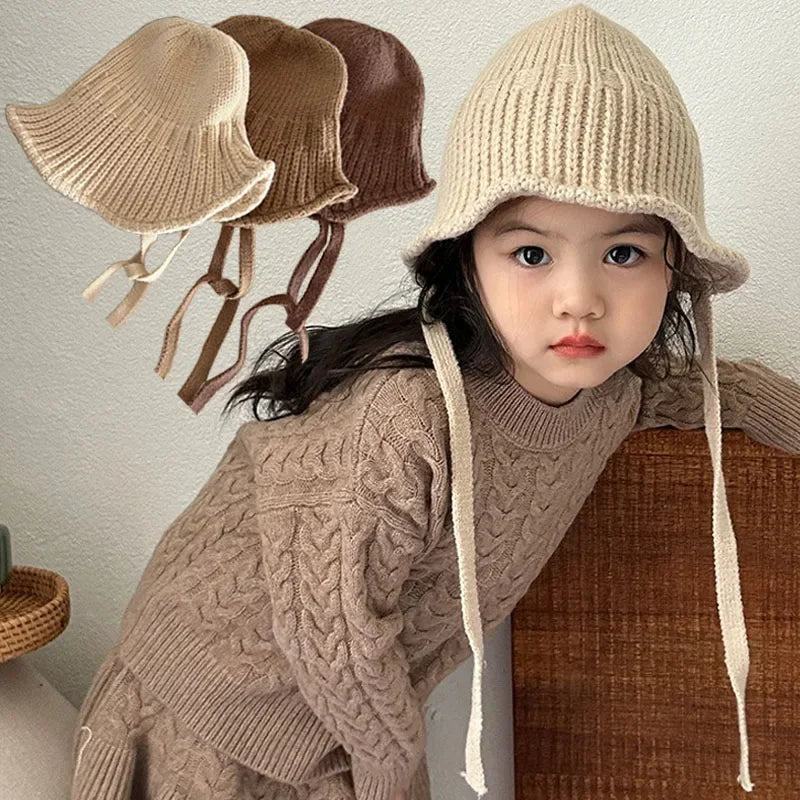 Children Autumn Winter Solid Knitted Basin Hats Korean Boys Kids