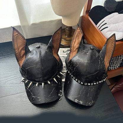 New Niche Punk Leather Rivet Dog Ears Baseball Caps Spring Autumn Men Women