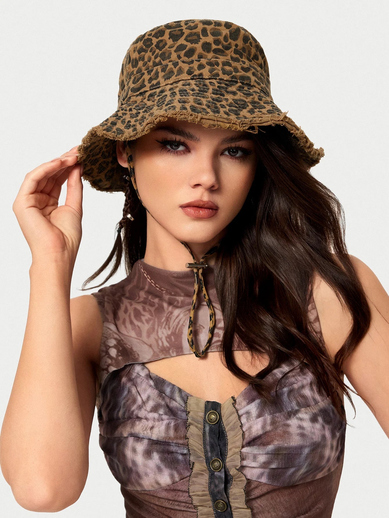 Retro Washed Rough Edge Leopard Women Drawstring Bucket Hat