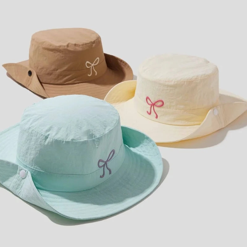Korean Embroidery Pink Bow Quick Fisherman Hat