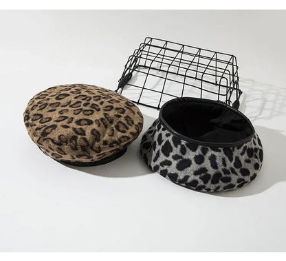 Women Vintage Style Leopard Painter Hat Round Beret Caps