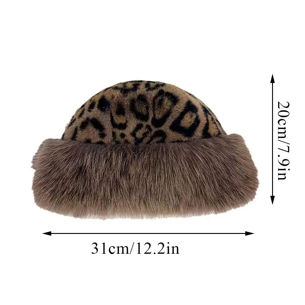 Hot Leopard Print Fur Hat Women Windproof Keep Warm Headgear Fur