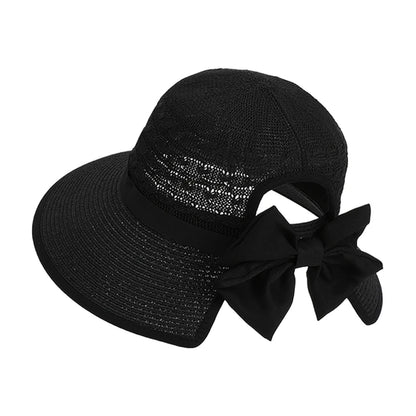 Girls' Versatile Bow-Tied Ponytail Hole Large Eaves Straw Hat