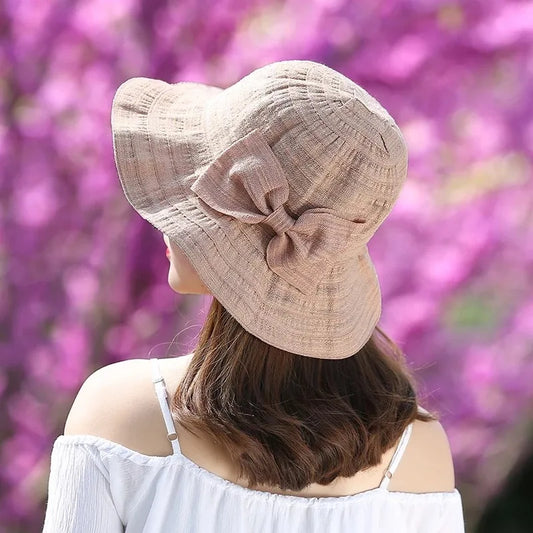 Women Bow Sun Hat With Wide Brim Foldable Removable Summer