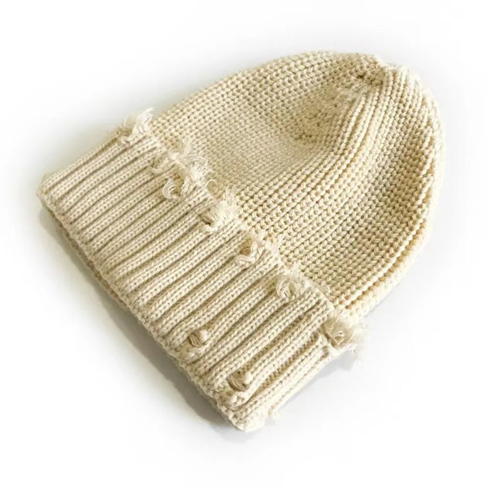 New Dilapidated Hole Knitted Hat Solid Color Ear Protection Warm Cap