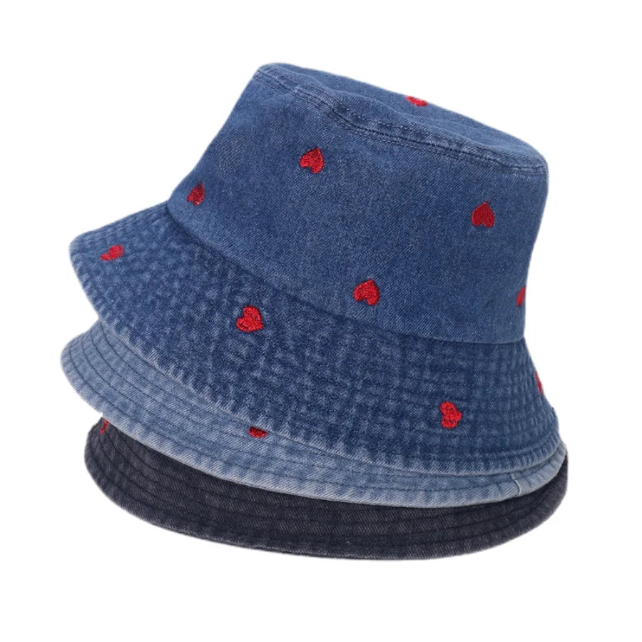 Spring Summer Strawberry Embroidery Denim  Bucket Hat