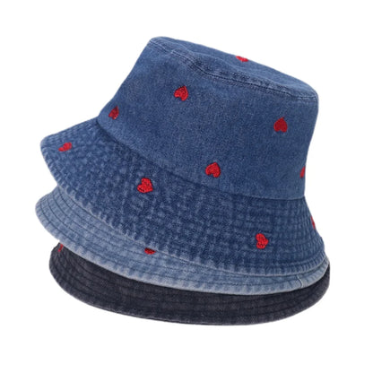 Spring Summer Strawberry Embroidery Denim  Bucket Hat