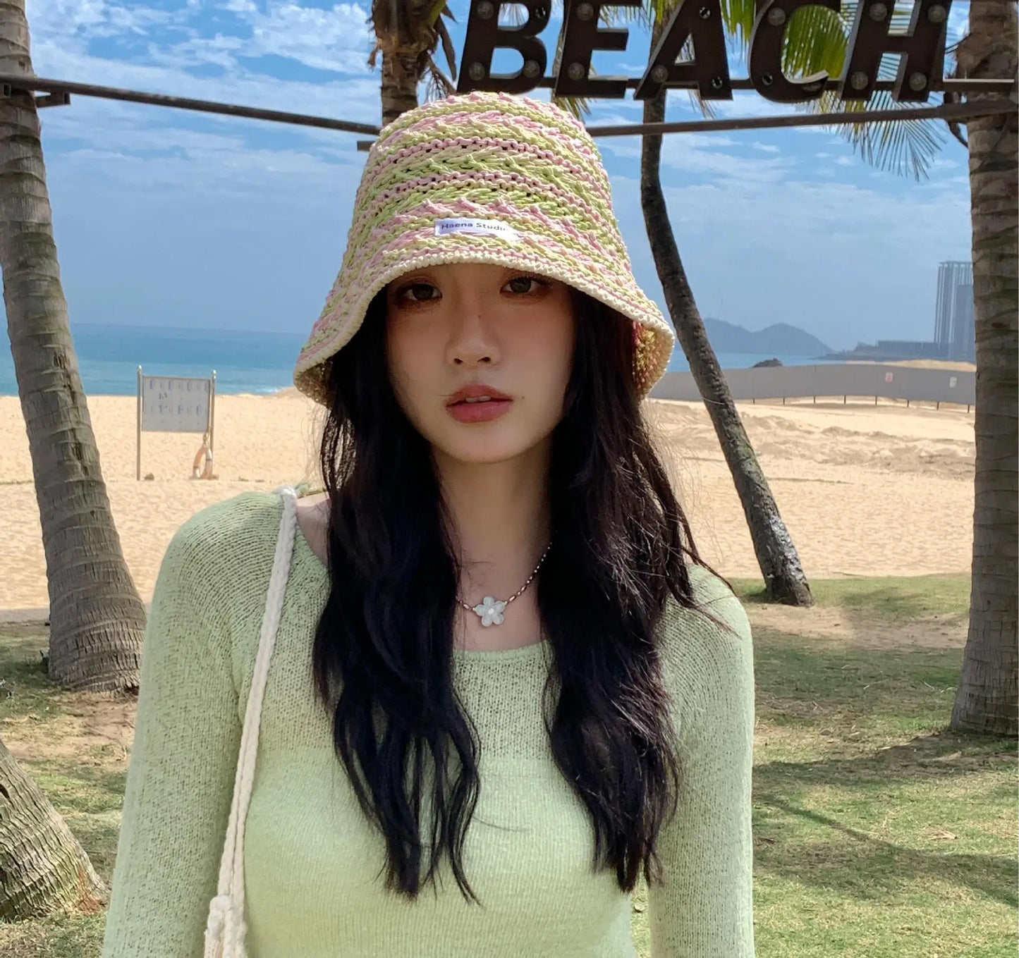 Ladies' Bucket Hat Korean Knitted Striped Verstaile Hollow