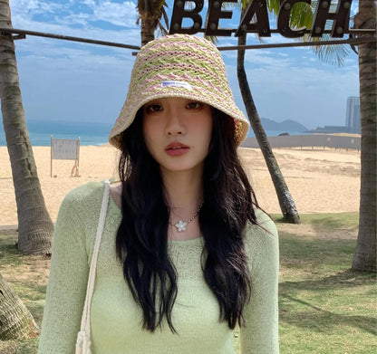 Ladies' Bucket Hat Korean Knitted Striped Verstaile Hollow