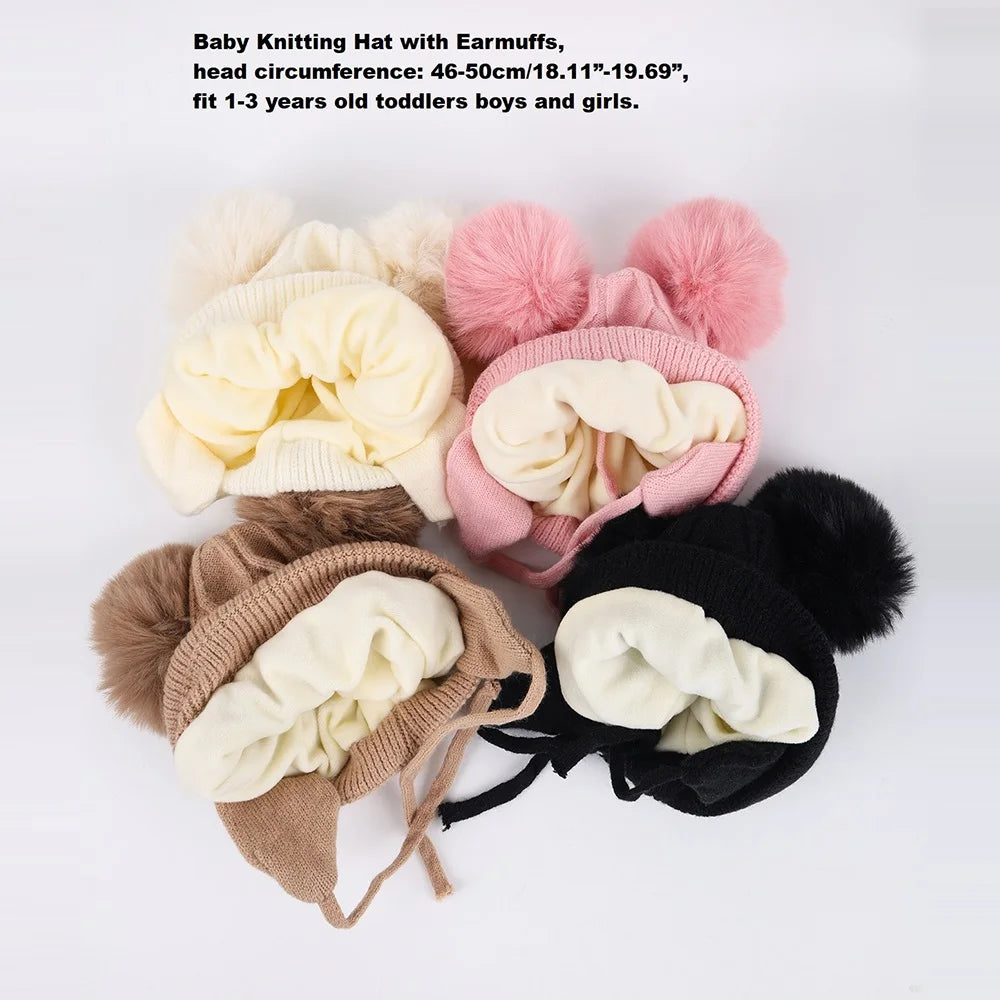 New Autumn Winter Double Ball Knitted Baby Hat For Girls Boys Baby, Ear Protection Hat