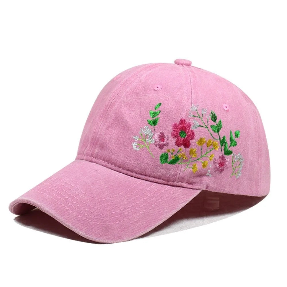 Vintage Flower Embroidery Baseball Cap Washed Cotton Adjustable