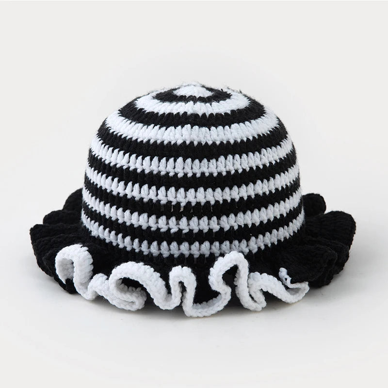 New Colorful Crochet Ruffle Brim Knit Bucket Hats