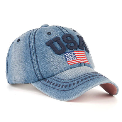 USA Flag Embroidery Caps For Men Women Retro Denim Baseball Cap