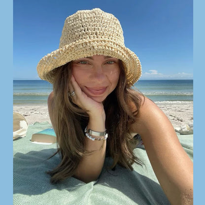 Handmade Straw Woven Retro Crochet Fisherman Hat Outdoor