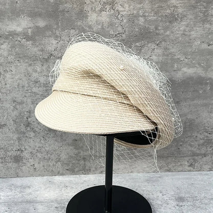 Elegant Mesh Pearl Beret Newsboy Hat Japanese Pleated Cap