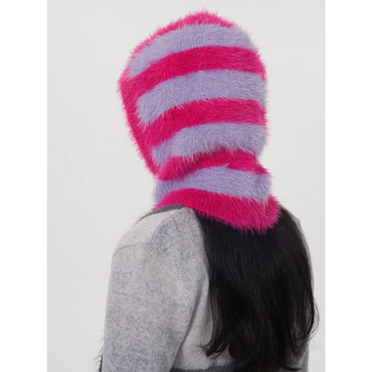 One-Piece Knit Balaclavas Stripes Imitation Mink Velvet Hats Scarf Hat